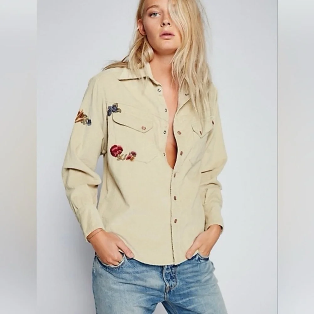 Free People Harley Floral Embroidered Corduroy Western Button Down Shirt Women M